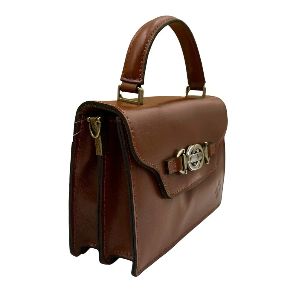 Patricia Nash Leather Porcili Satchel Tan Brown Horsebit Detail Shoulder Strap